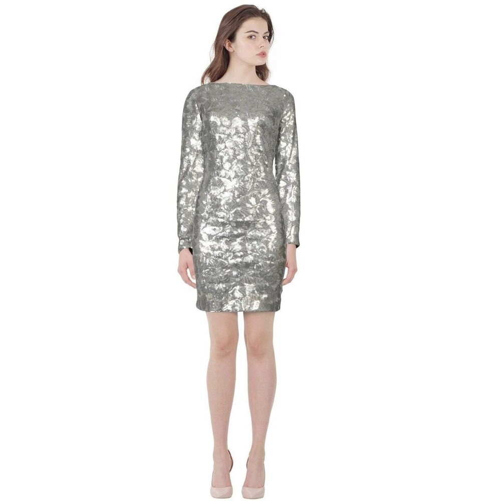 Aidan Mattox Sheath Mini Dress Boat Neck Sequined Glam Silver Size 4